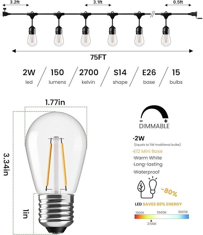 Svater 75 FT Outdoor String Lights 2W, Patio Light - Image 2