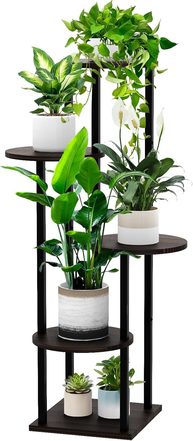 5 Tier Wood Tall Plant Stand Metal Rack Indoor, Round Planter Shelf Display by YOCOMEY