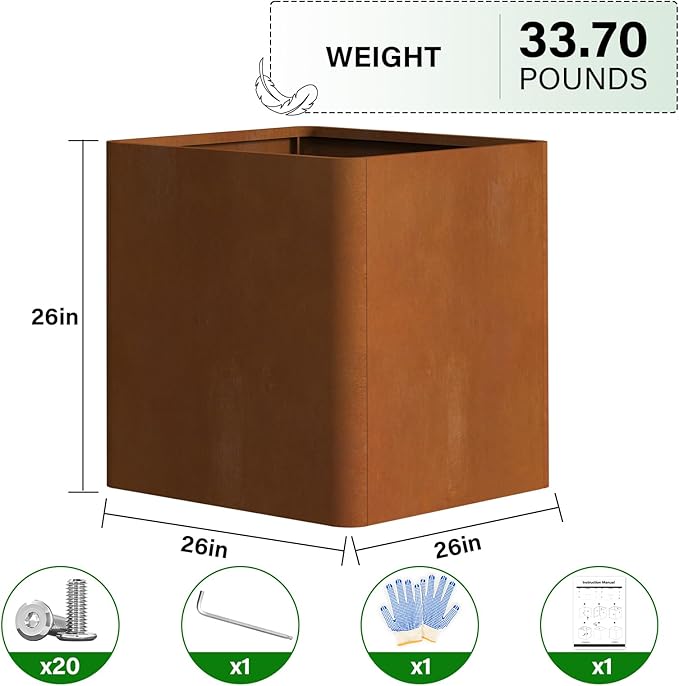Corten Steel Planter Box 26" L x 26" W x 26" H, Large Metal Square Planter - Image 2