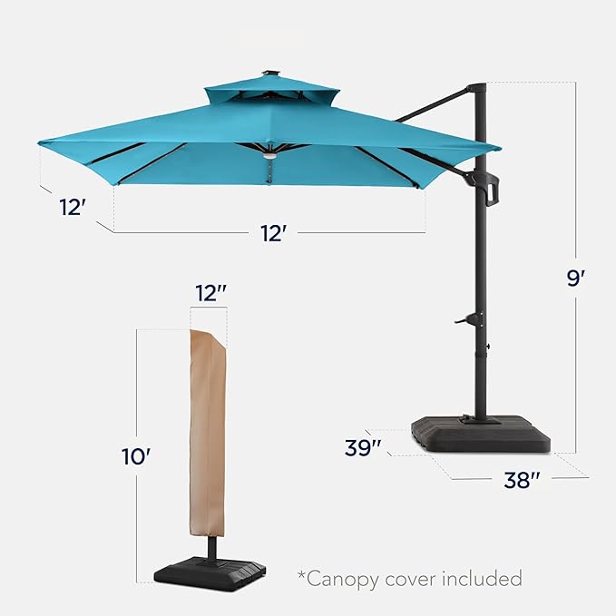 Best Choice Products 12x12ft LED Cantilever Patio Umbrella w/Base Included & - Image 2