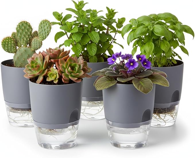 3.2 Inch Self Watering Planters Plastic Planter Pots 5 Pack Wicking Flower Pots by Thorkok
