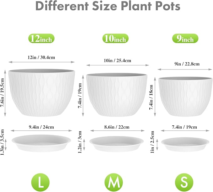 12/10/9 inch Large Plant Pots, 3 Pack Wide Flower Pots - Image 2