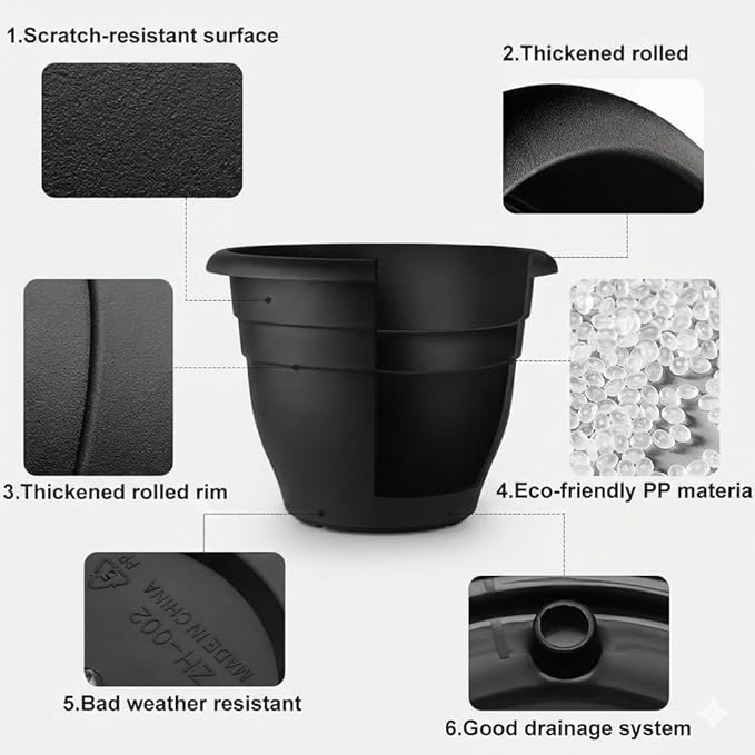 16 Inch Plant Pots Indoor Outdoor, 6 Pack Black Plastic Planters - Image 3