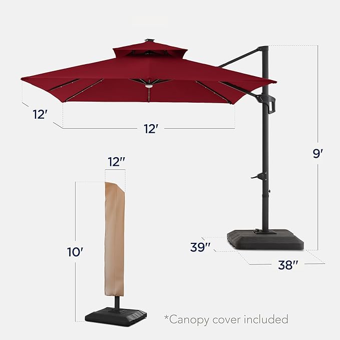 Best Choice Products 12x12ft LED Cantilever Patio Umbrella w/Base Included & - Image 2
