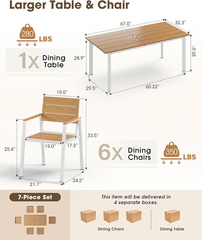 Outdoor Patio Dining Set for 6, Aluminum 7 Piece HDPS Patio Table and Chairs Set - Image 6