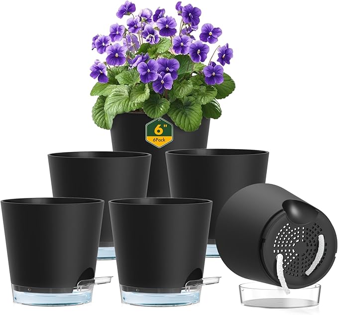 6 inch Self Watering Pots for Indoor Outdoor Plants, 6 Pack Flower Plant Pots by Meowell