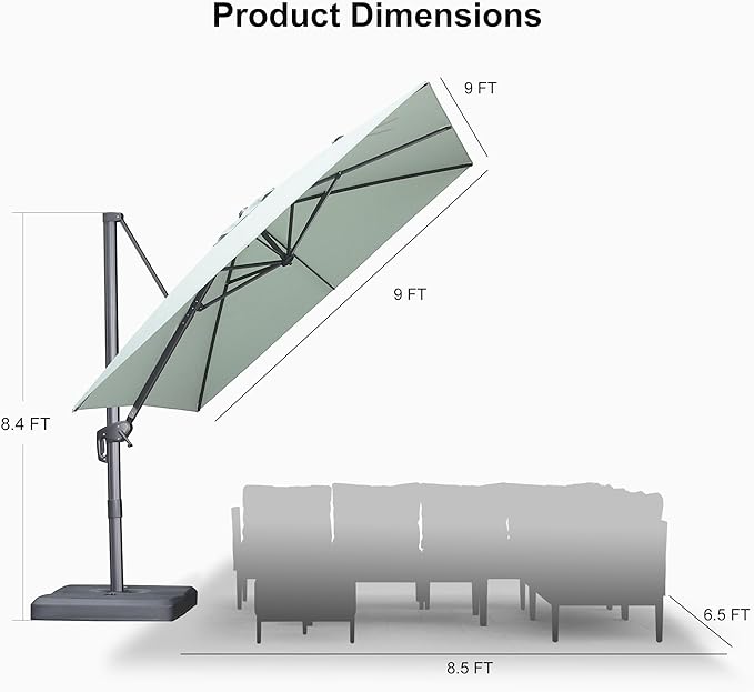 PURPLE LEAF Patio Umbrella 9' X 9' Rectangle Cantilever Umbrella Large Aluminum - Image 9