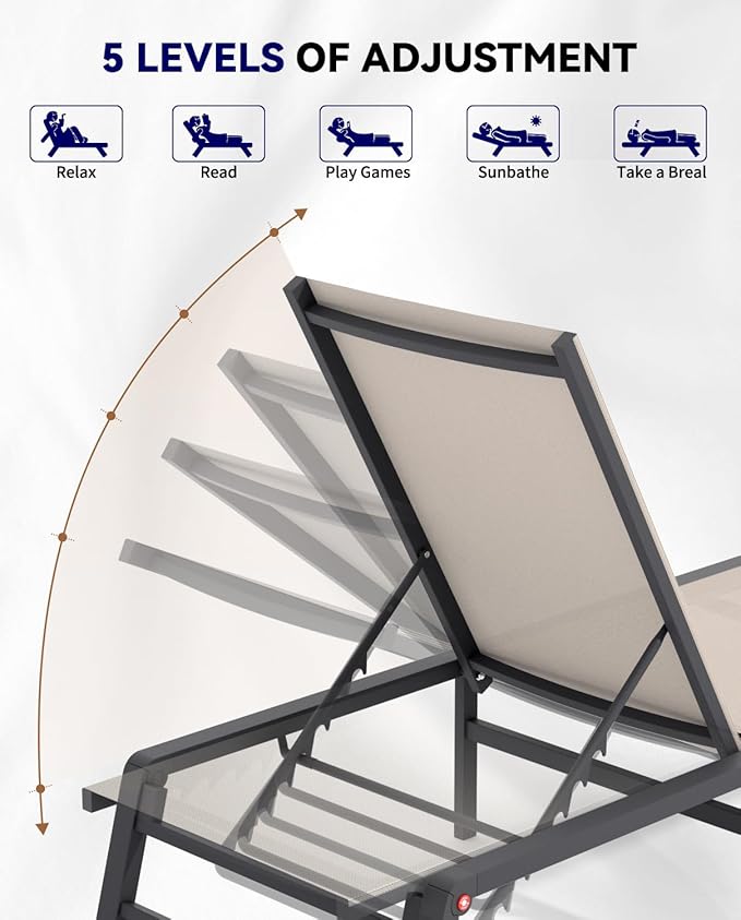 Aluminum Chaise Lounge Chair Outdoor, Foldable Patio Lounge Chair Assemble-Free - Image 6