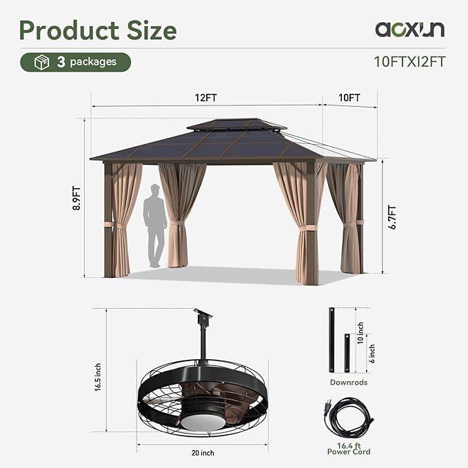 Aoxun 10'x12' Hardtop Gazebo, Aluminum Frame Permanent Pavilion - Image 3