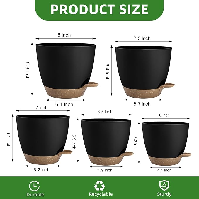 Plant Pots 8/7.5/7/6.5/6 Inch Self Watering Pots, 5 Pack Planters - Image 3