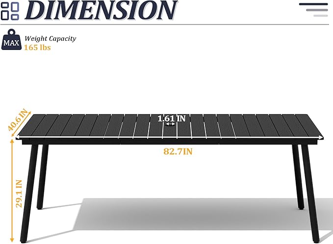 83" Patio Outdoor Dining Table for 6-8, Weather-Resistant Wood-Grain Top - Image 3