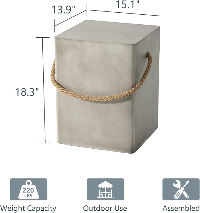 COSIEST Concrete Side Table, Rectangular Outdoor Side Table w Hemp Rope Handles - Image 2
