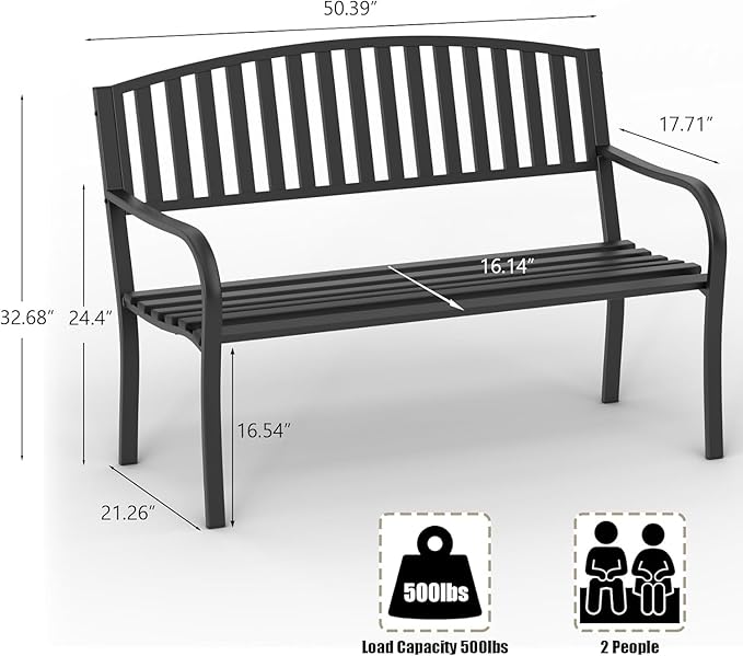 On Shine 50'' Outdoor Bench Weatherproof, Cast Iron All Metal Frame Garden Bench - Image 3