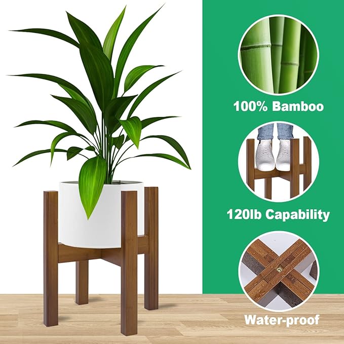 Adjustable Plant Stand Indoor, Bamboo Mid Century Modern Plants Stands - Image 2