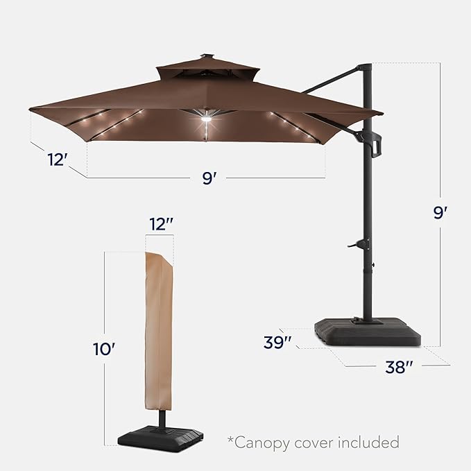 Best Choice Products 9x12ft LED Cantilever Patio Umbrella w/Base Included & - Image 2