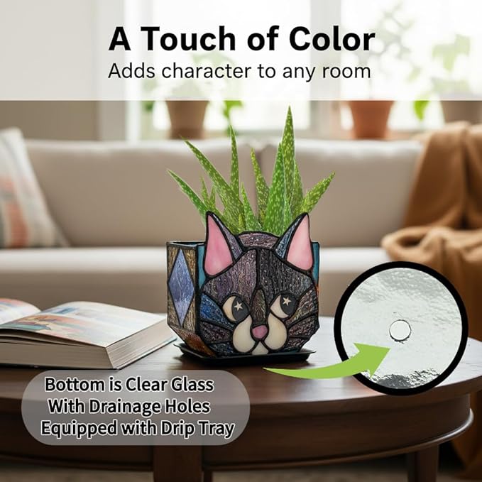 Star Black Cat Decorative Flower Pot, Handcrafted Ceramic Planter - Image 2