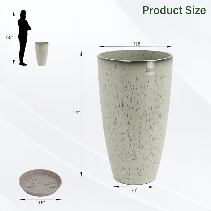 Set of 2 Lightweight Ceramic-Look Tall Planter, 21 inch Large Plastic Planter - Image 3