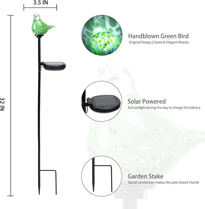 Bshine Solar Garden Decoration Outdoor Green Bird Lights, 2 Pack Hand Blown - Image 2