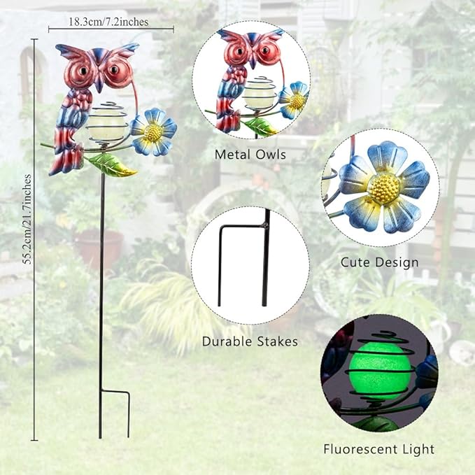 Set of 3 Owl Decorative Garden Stakes, Glow in The Dark Metal Yard Art - Image 3