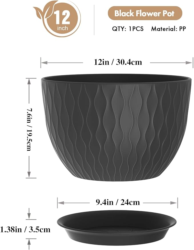 12 Inch Large Plant Pots for Indoor or Outdoor Plants, Wide Water Ripples - Image 2