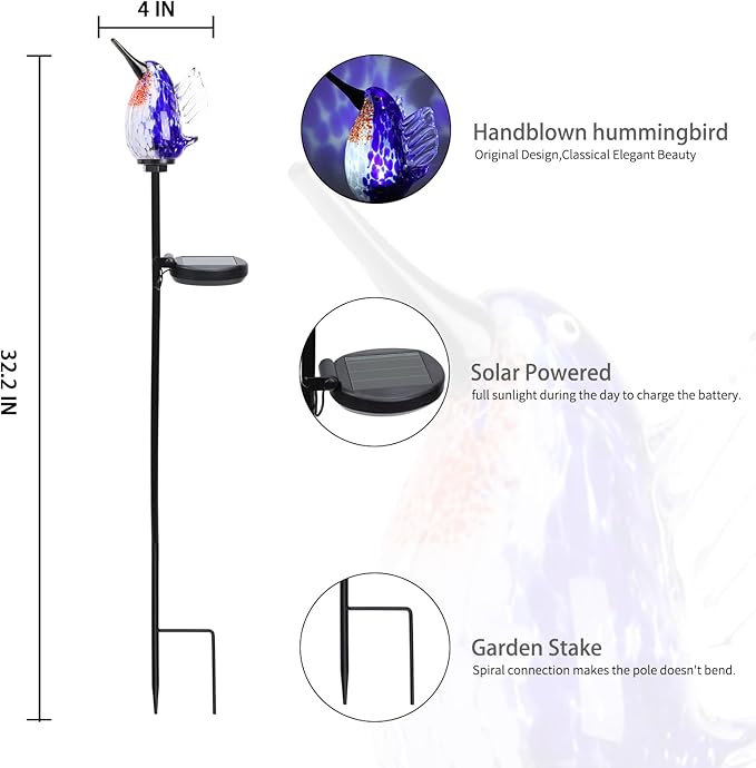 Bshine Solar Garden Decoration Outdoor Hummingbird Lights Stake, Hand Blown - Image 2