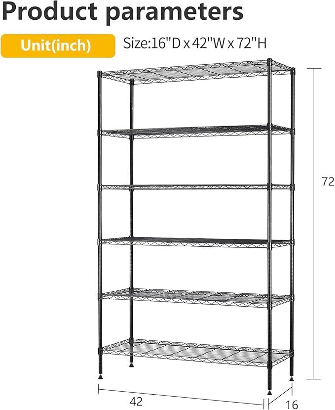 BestOffice | 6-Tier Wire Storage Shelves | 42x16x72 | Black | - Image 3