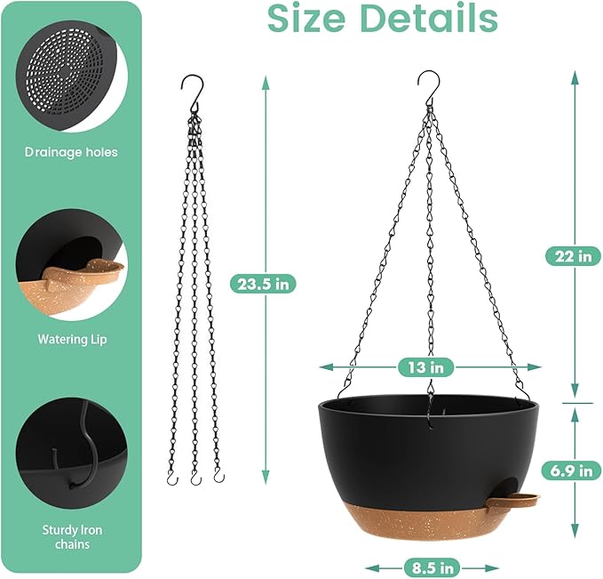 13 Inch 2 Pack Large Self Watering Hanging Planters - Image 5