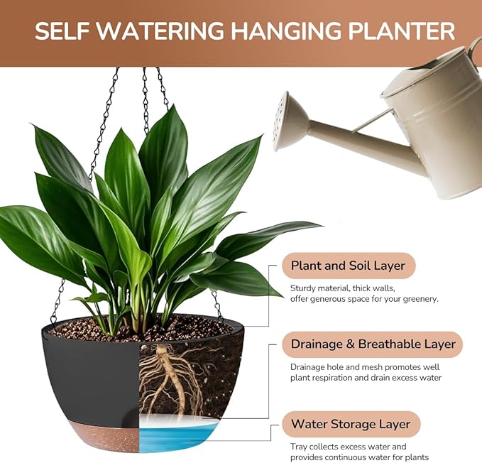 Set of 2-12 Inch Hanging Planter, Self-Watering Hanging Planters - Image 3