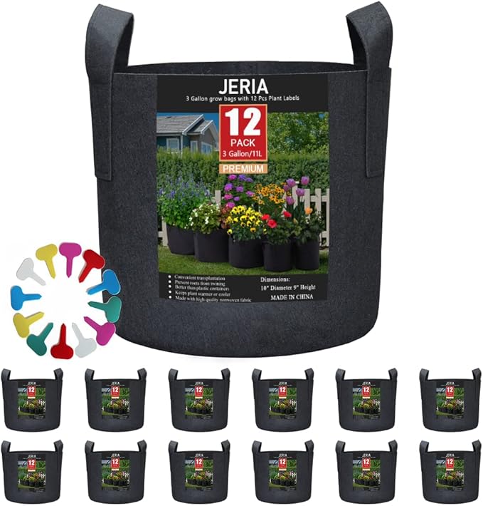 JERIA 12-Pack 3 Gallon Grow Bags, 300G Thickened Nonwoven Garden Pots, Heavy by JERIA