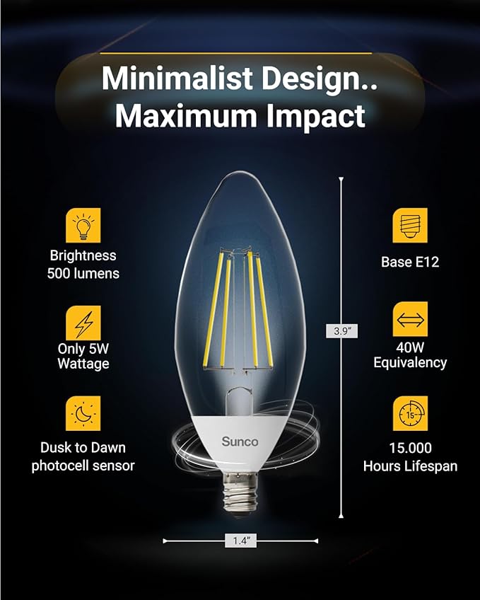 Sunco 6 Pack Dusk to Dawn Light Bulbs LED Outdoor B11, Edison Filament - Image 3