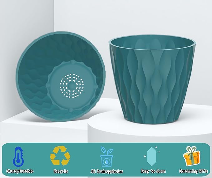 6 Pack 7 Inch Plant Pots with Drainage and Saucers, Stackable Nursery Planters - Image 3