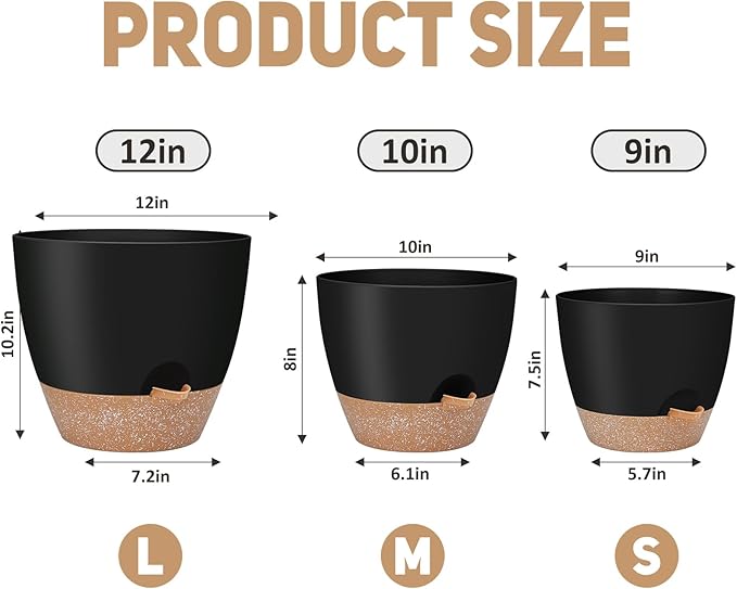 12" 10" 9" Large Self Watering Plant Pots, 3 Pack Flower Pots Planters - Image 2