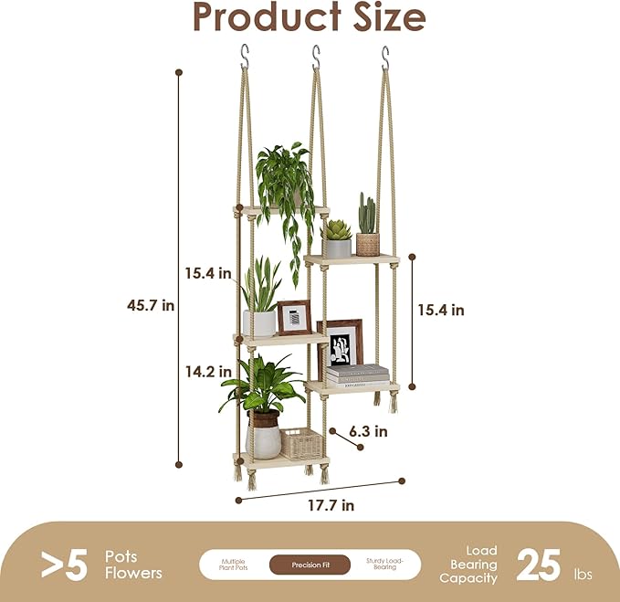 Bamworld Hanging Shelves Plant Hanger Indoor Window Plant Shelves Wood Plant - Image 2