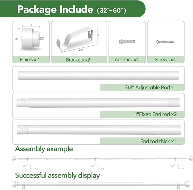 Curtain Rods for Windows 28 to 48, 1 Inch Adjustable White Heavy Duty Curtain - Image 6