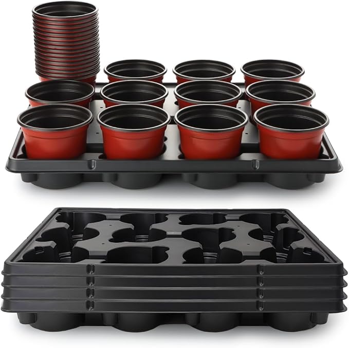4 inch Round Nursery Pots 60pcs, 12 Cell Nursery Pots Trays 5 Pcs, Sturdy Seeds by RooTrimmer