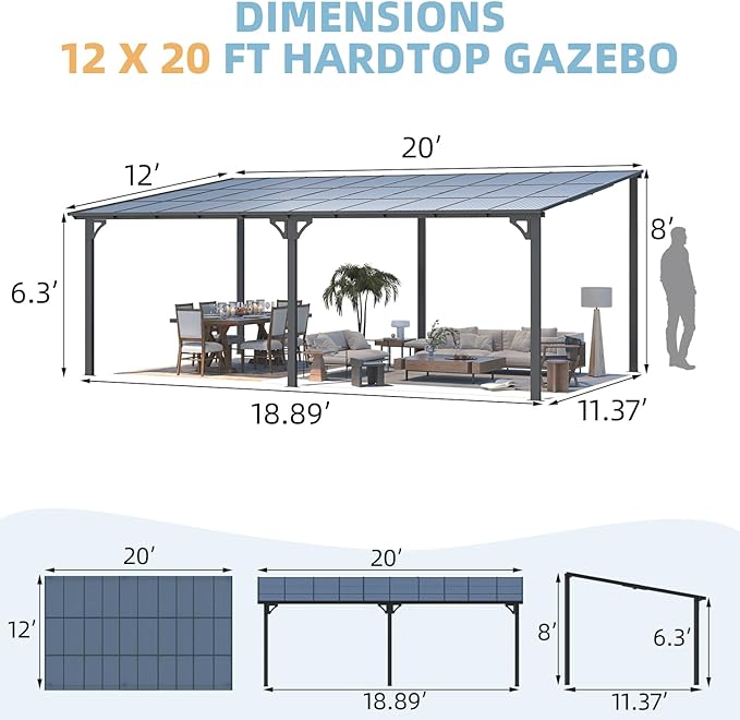 AECOJOY 20' x 12' Gazebo for Patio, Large Wall-Mounted Hard Top Lean-to Gazebo - Image 6