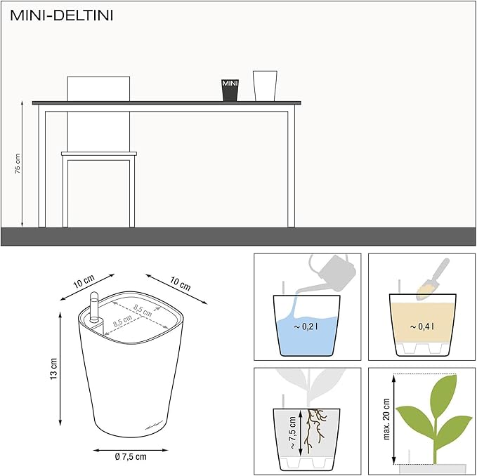 Lechuza MINI-DELTINI Charcoal Metallic, Self-Watering Small Indoor Planter - Image 8