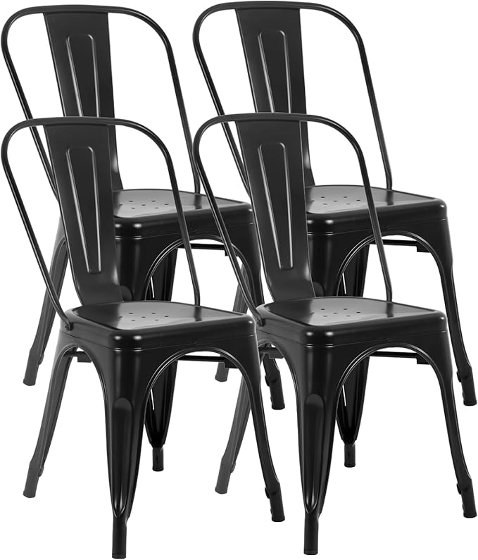 FDW | Metal Dining Chairs | Set of 4 | Black | Stackable Tolix Side Chairs by FDW
