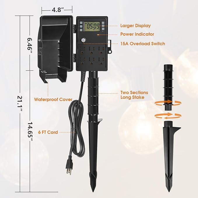SURAIELEC Outdoor Power Stake, 7-Day Programmable Digital Timer, Power Strip - Image 7