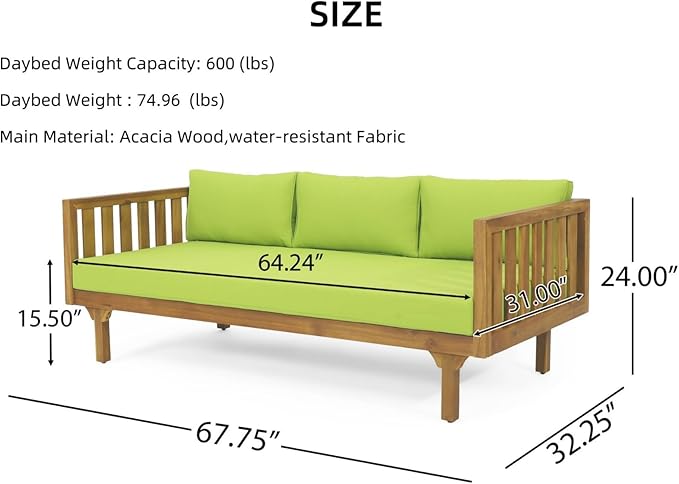 Merax Solid Acacia Wood Couch Chaise Lounge Chair Indoor, 3 Seater Daybed Sofa - Image 2