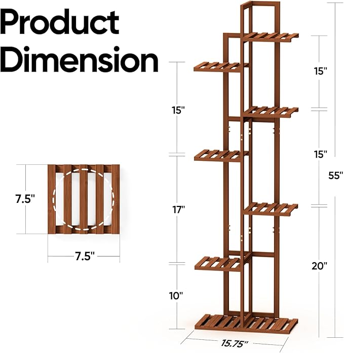 ROSSNY 55 Inch Tall Plant Stand Indoor, 7 Tier 8 Potted Bamboo Plant Stands - Image 2