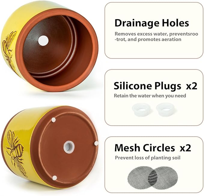 YBX Terracotta Pots Inch with Drainage Holes, Bee Decor, Ceramic Pots - Image 3