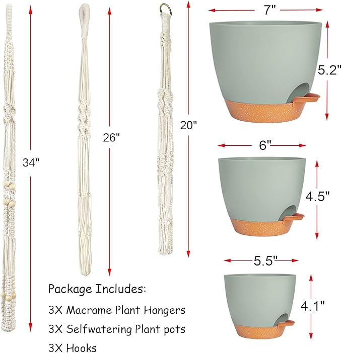 Self Watering Hanging Planters for Indoor Plants 3 Pack Macrame Plant Hangers - Image 4