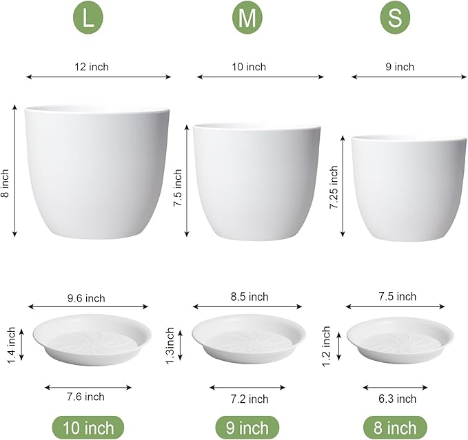 12/10/9 inch Large Plant Pots, 3 Pack Modern Decorative Plastic Planters - Image 3