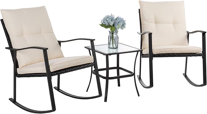 Vongrasig 3 Piece Outdoor Rocking Chair Set, PE Wicker Rattan Small Bistro Set by Vongrasig
