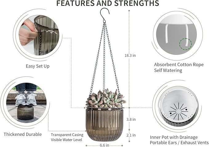 Josteve 6.5 Inch 2 Pcs Self Watering Hanging Planter Indoor Plant Pots Drainage - Image 4