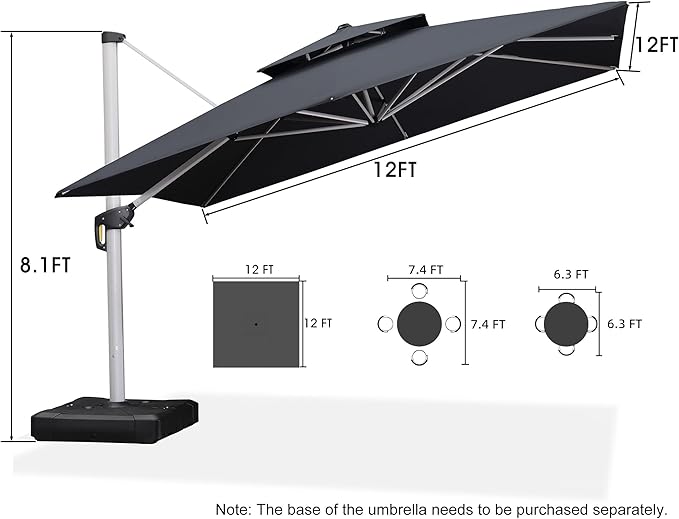 PURPLE LEAF 12 Feet Double Top Deluxe Square Patio Umbrella Offset Hanging - Image 8