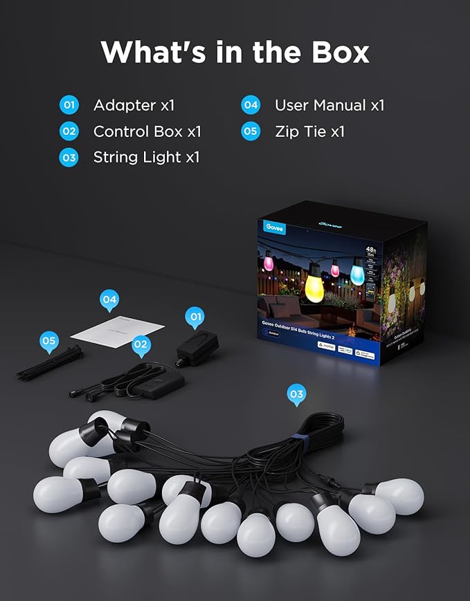 Govee S14 Bulb Outdoor String Lights 2, 48ft Smart RGBIC Warm White Patio Lights - Image 8