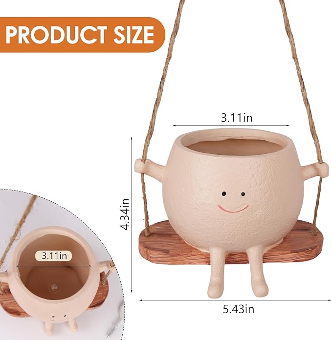 AFFLAT Smiley Face Flower Pot, Swinging Hanging Planter, Resin Smiley Face - Image 2