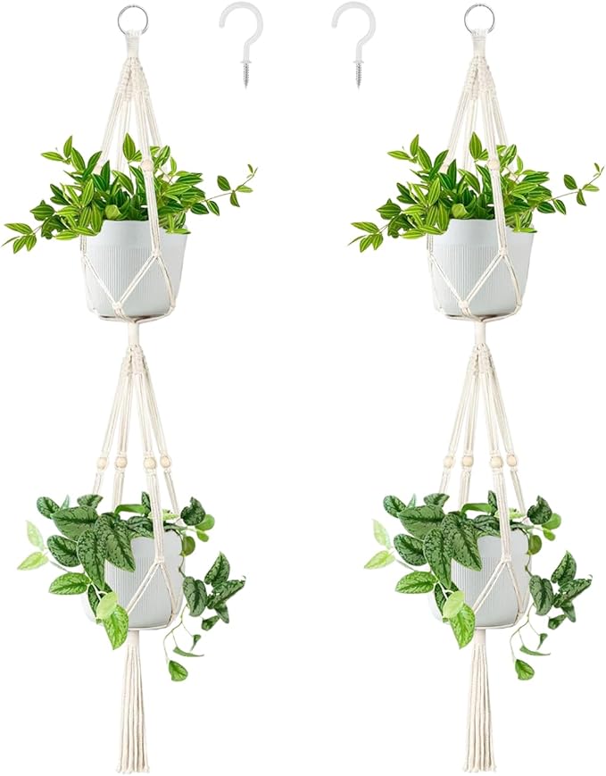 Belit 2 Pack Double Macrame Plant Hangers 2 Tier Hanging Planter Basket by Belit